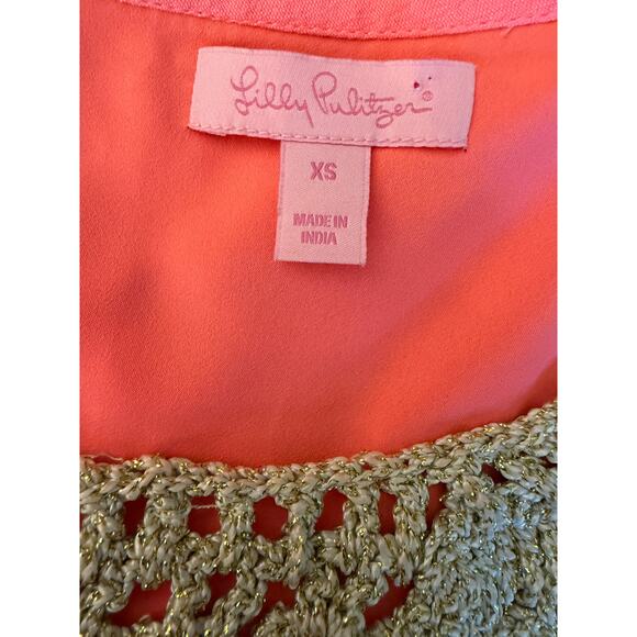 LILLY PULITZER RACHELLE XS Pink Sun Ray Gold Crochet Pom Pom Lined Dress EXC - Picture 2 of 7